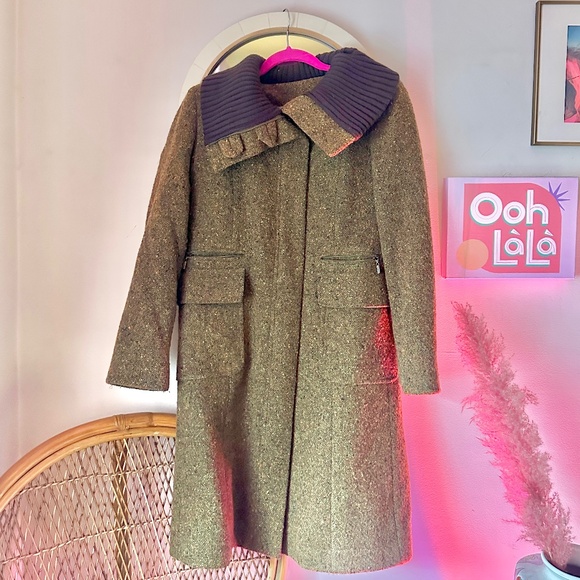 Cole Haan Brown Funnel Neck Shawl Collar Wool Blend Basket Weave Midi Coat 2 - Picture 1 of 10